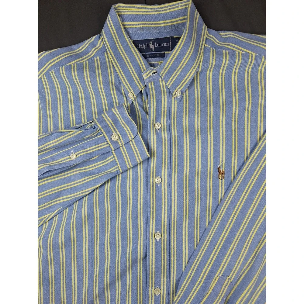 Vintage 90s Polo Ralph Lauren Mens Blue Yellow Stripes Button Flesh Pony 16.5-33